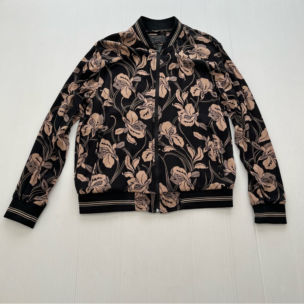 Porter & Ash Full Zip Floral Lightweight Bomber Jacket Black And Tan Size Large